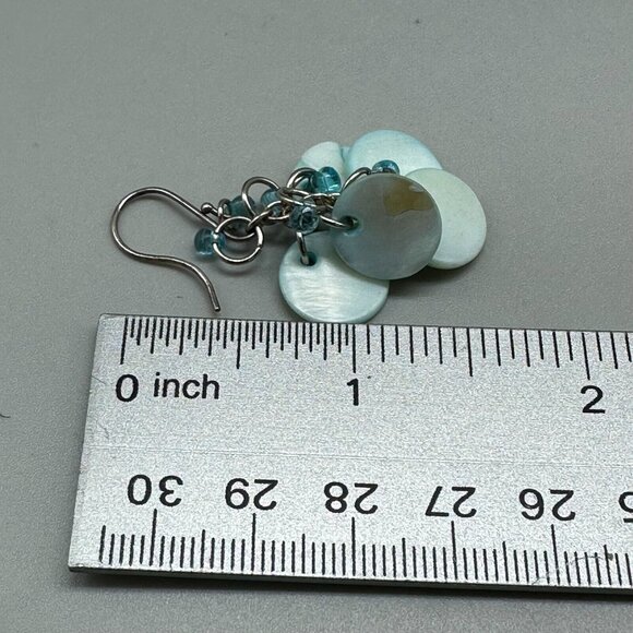 3/$30 Blue Shell Drop Earrings Silver Tone Boho Dangle Pierced Round 1.5" - Picture 5 of 7